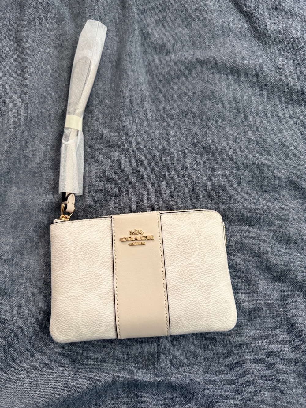 Coach Chalk Leather Center-Stripe Wristlet with Gold Logo